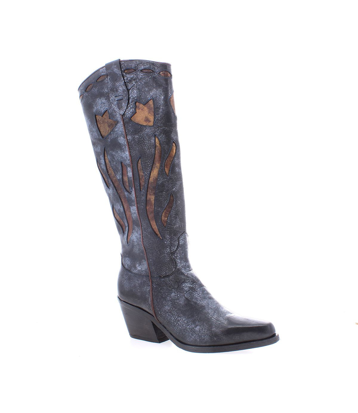 Introducing Meadow by Bed|Stü: a single black and brown cowgirl boot featuring a pointed toe, mid-height angled heel, and decorative flame and cat-shaped cutouts on the shaft, expertly crafted in the timeless style of classic leather cowgirl boots.