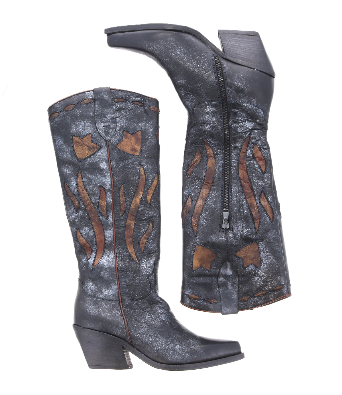 Step up your style with the Meadow boots by Bed|Stü—a tall pair of black leather cowgirl boots featuring brown flame-like decorative patterns, a convenient side zipper, and a chunky angled heel. These fashionable boots seamlessly blend classic western craftsmanship with modern flair.