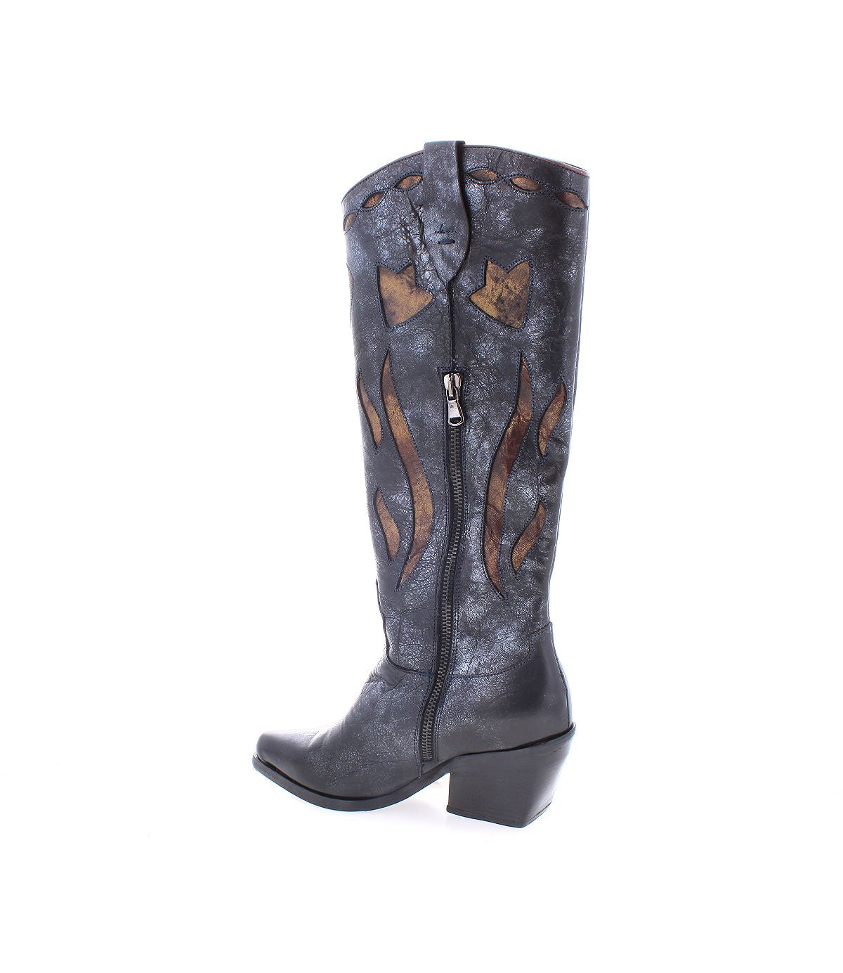 Meadow by Bed|Stü is a black leather cowgirl boot featuring brown decorative stitching, a pointed toe, side zipper, and chunky heel, shown on a white background.