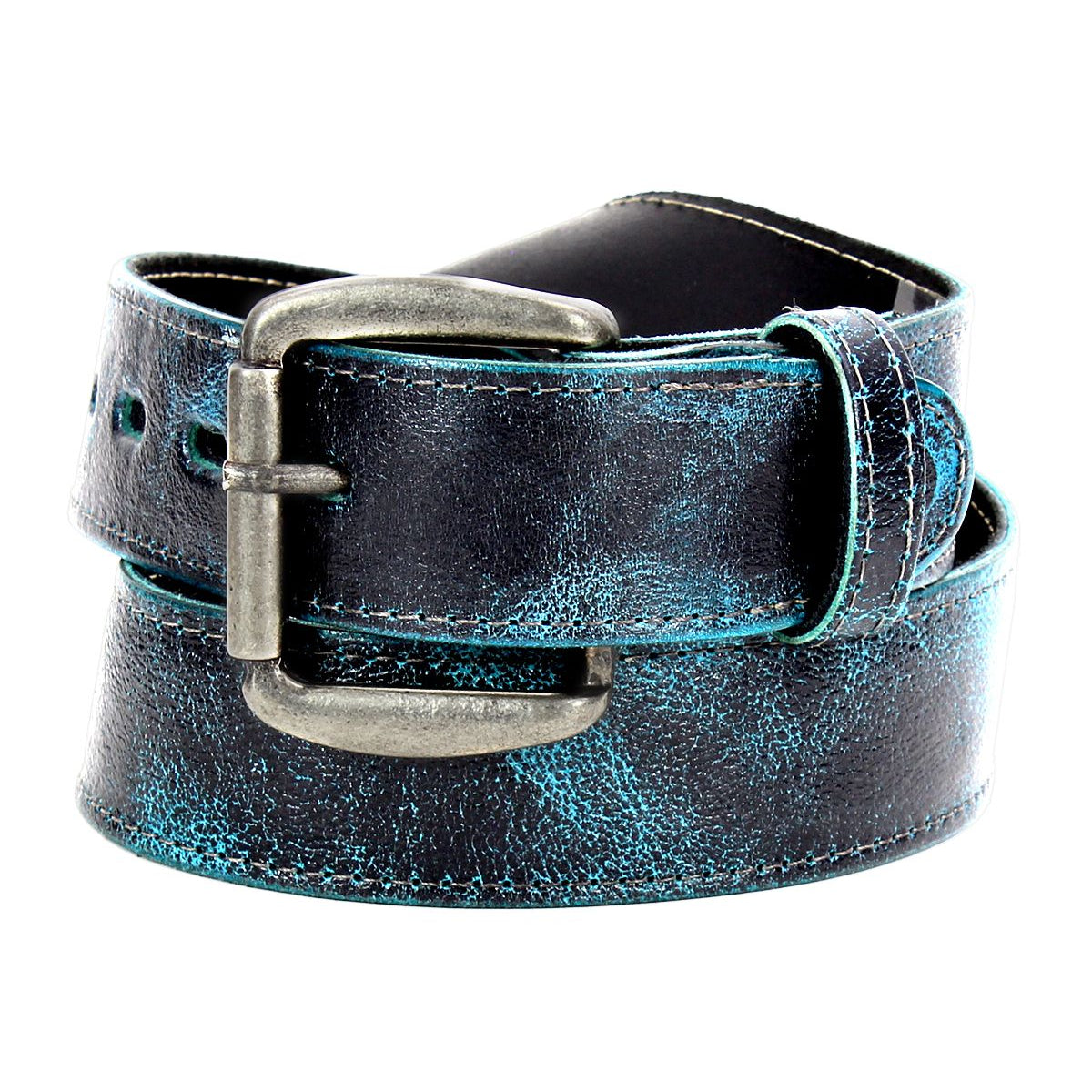 The Bed|Stü Meander belt is showcased against a white background, featuring rolled black distressed leather with a blue finish and accented by an antique metal buckle.