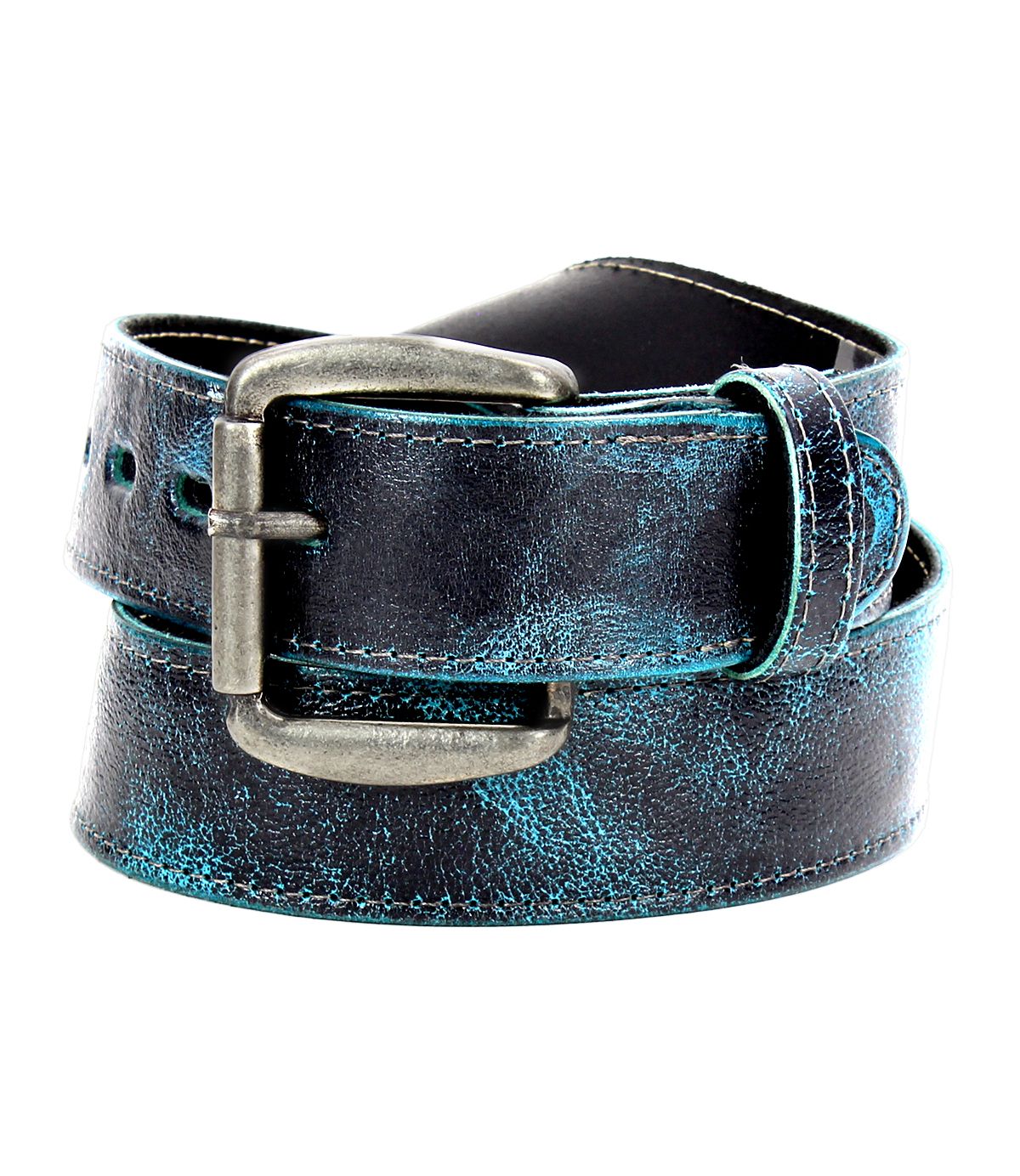 The Bed|Stü Meander belt is showcased against a white background, featuring rolled black distressed leather with a blue finish and accented by an antique metal buckle.