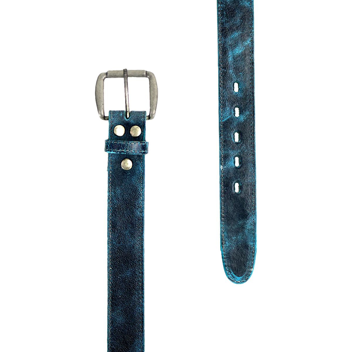 The Meander belt by Bed|Stü is displayed laid flat on a white background, featuring rugged blue leather and an antique metal buckle with visible belt holes.