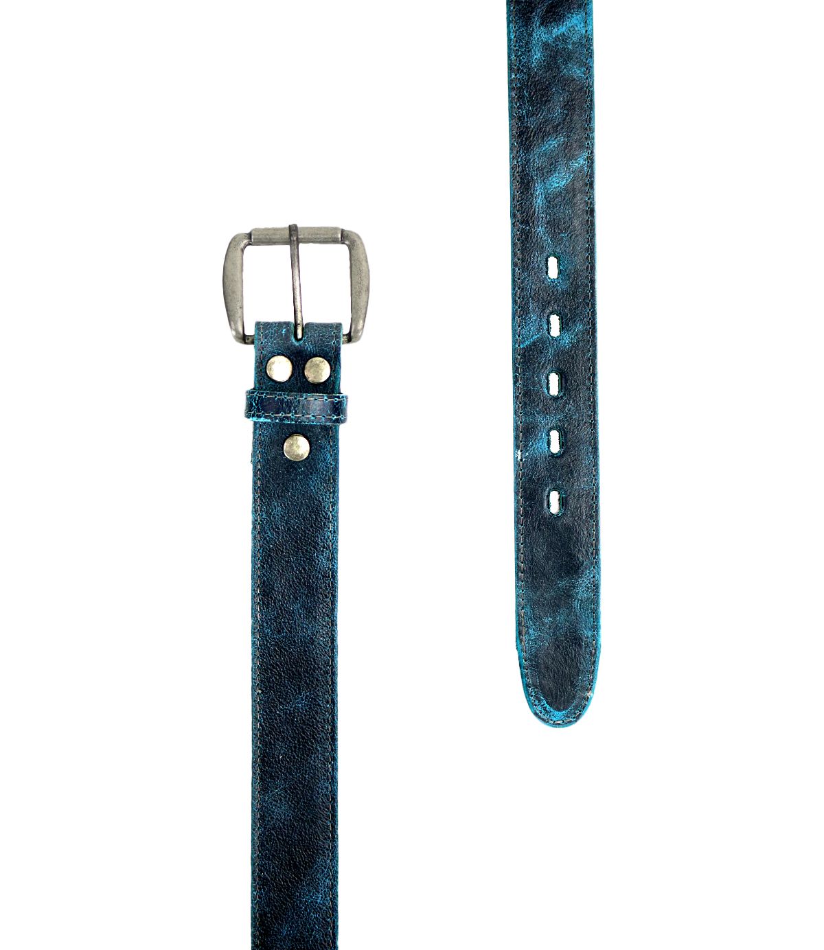 The Meander belt by Bed|Stü is displayed laid flat on a white background, featuring rugged blue leather and an antique metal buckle with visible belt holes.
