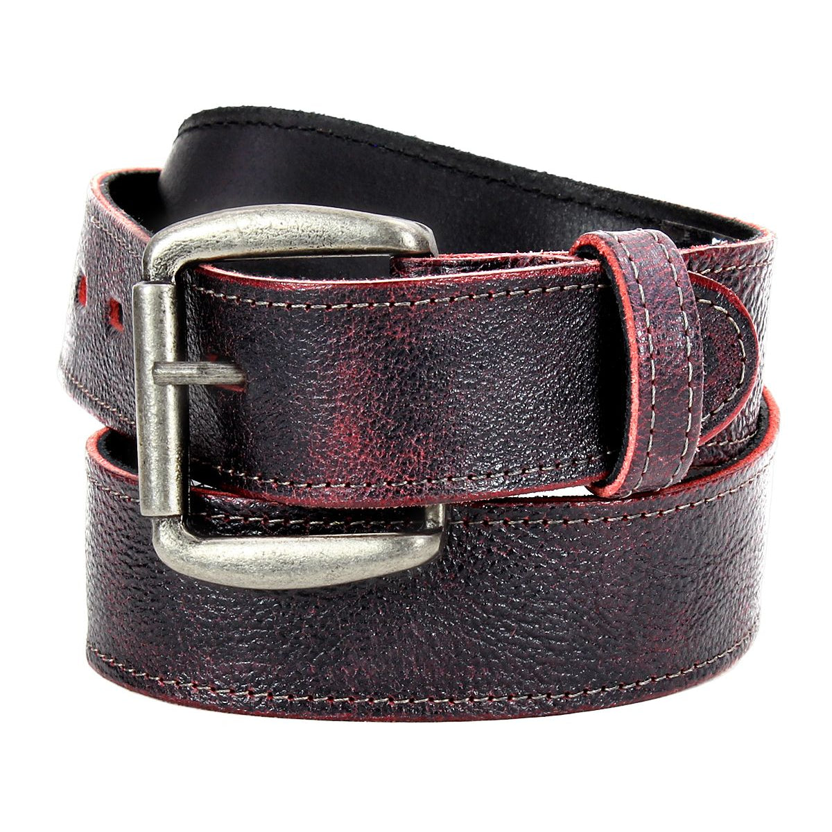 The Bed|Stü Meander belt, featuring rugged dark brown leather, an antique metal buckle, and red stitching, is displayed rolled against a white background.