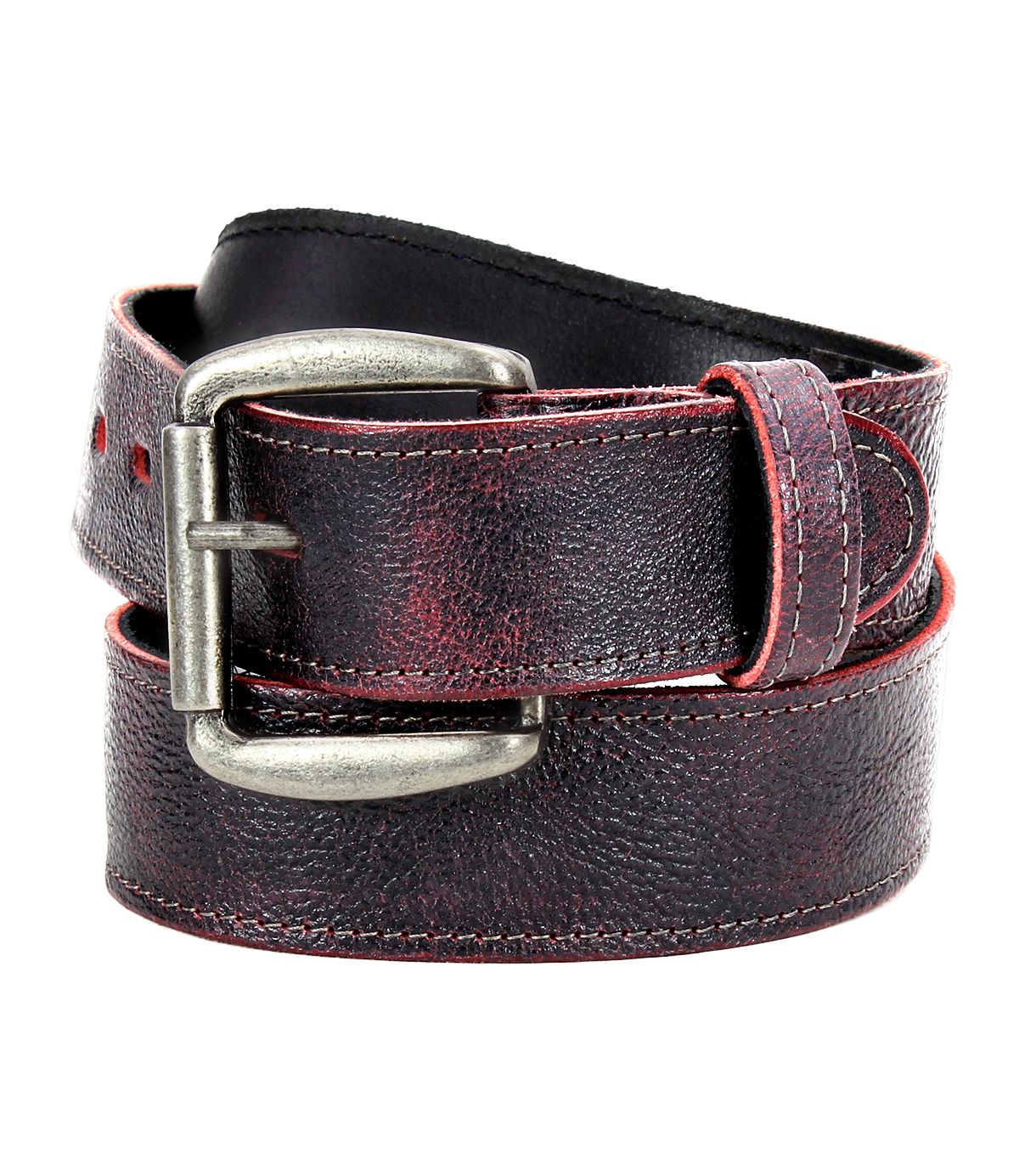 The Bed|Stü Meander belt, featuring rugged dark brown leather, an antique metal buckle, and red stitching, is displayed rolled against a white background.