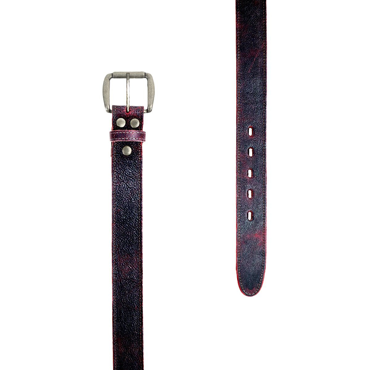 Shown on a white background from the buckle end to the tip with adjustment holes, the Bed|Stü Meander features dark brown distressed leather accented with sturdy metal rivets and an antique-finish metal buckle. This rugged belt lends timeless style to any ensemble.