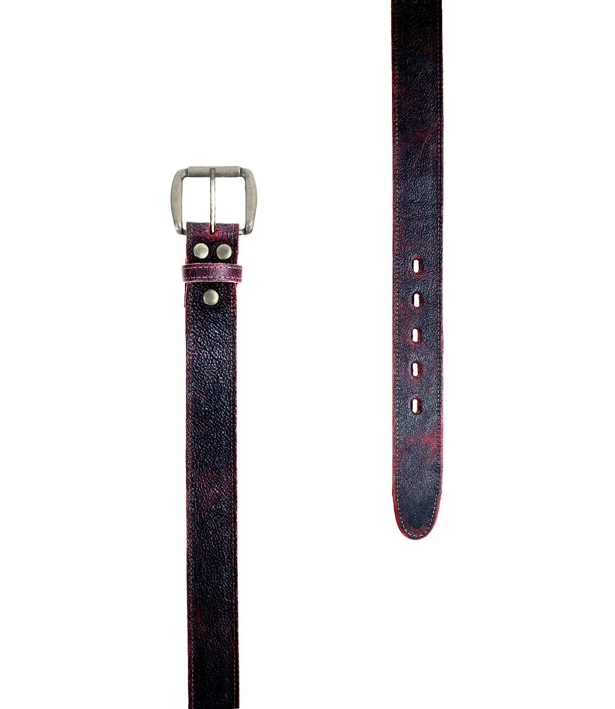 Shown on a white background from the buckle end to the tip with adjustment holes, the Bed|Stü Meander features dark brown distressed leather accented with sturdy metal rivets and an antique-finish metal buckle. This rugged belt lends timeless style to any ensemble.