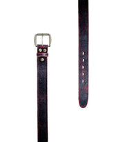 Shown on a white background from the buckle end to the tip with adjustment holes, the Bed|Stü Meander features dark brown distressed leather accented with sturdy metal rivets and an antique-finish metal buckle. This rugged belt lends timeless style to any ensemble.