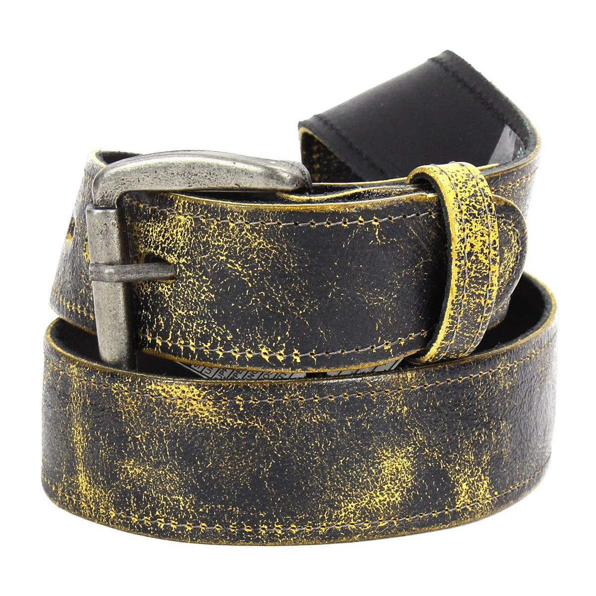 Introducing Meander by Bed|Stü: a rugged belt crafted from black distressed leather, adorned with a bold yellow pattern, and finished with an antique metal buckle and matching loop—all coiled in a loose circle.