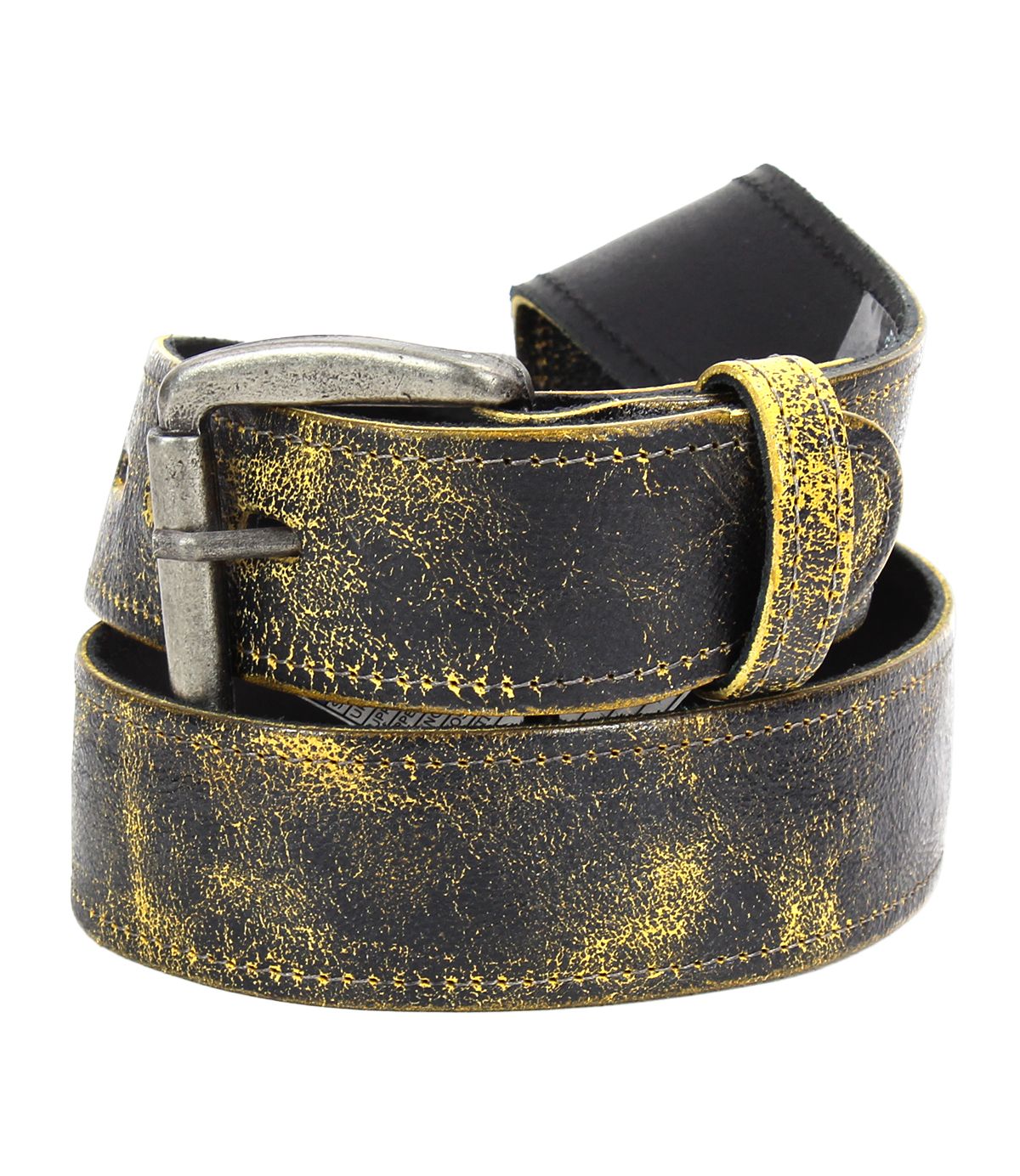 Introducing Meander by Bed|Stü: a rugged belt crafted from black distressed leather, adorned with a bold yellow pattern, and finished with an antique metal buckle and matching loop—all coiled in a loose circle.