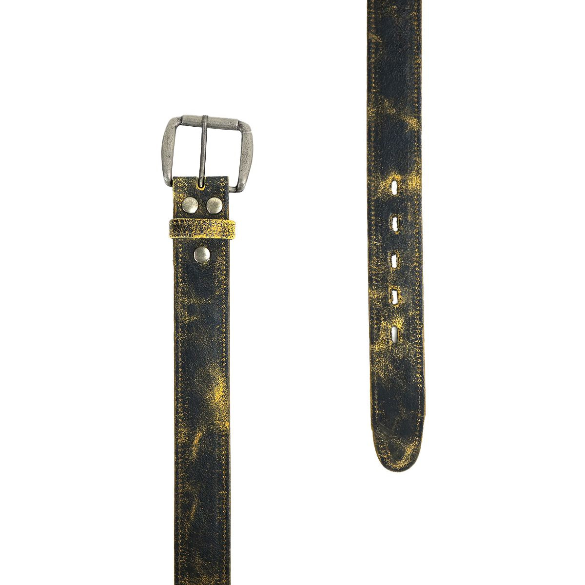 Introducing the Meander belt by Bed|Stü—a black distressed leather belt showcasing an antique metal buckle, vintage-inspired worn yellowish patches, and multiple adjustment holes for a rugged yet timeless look.
