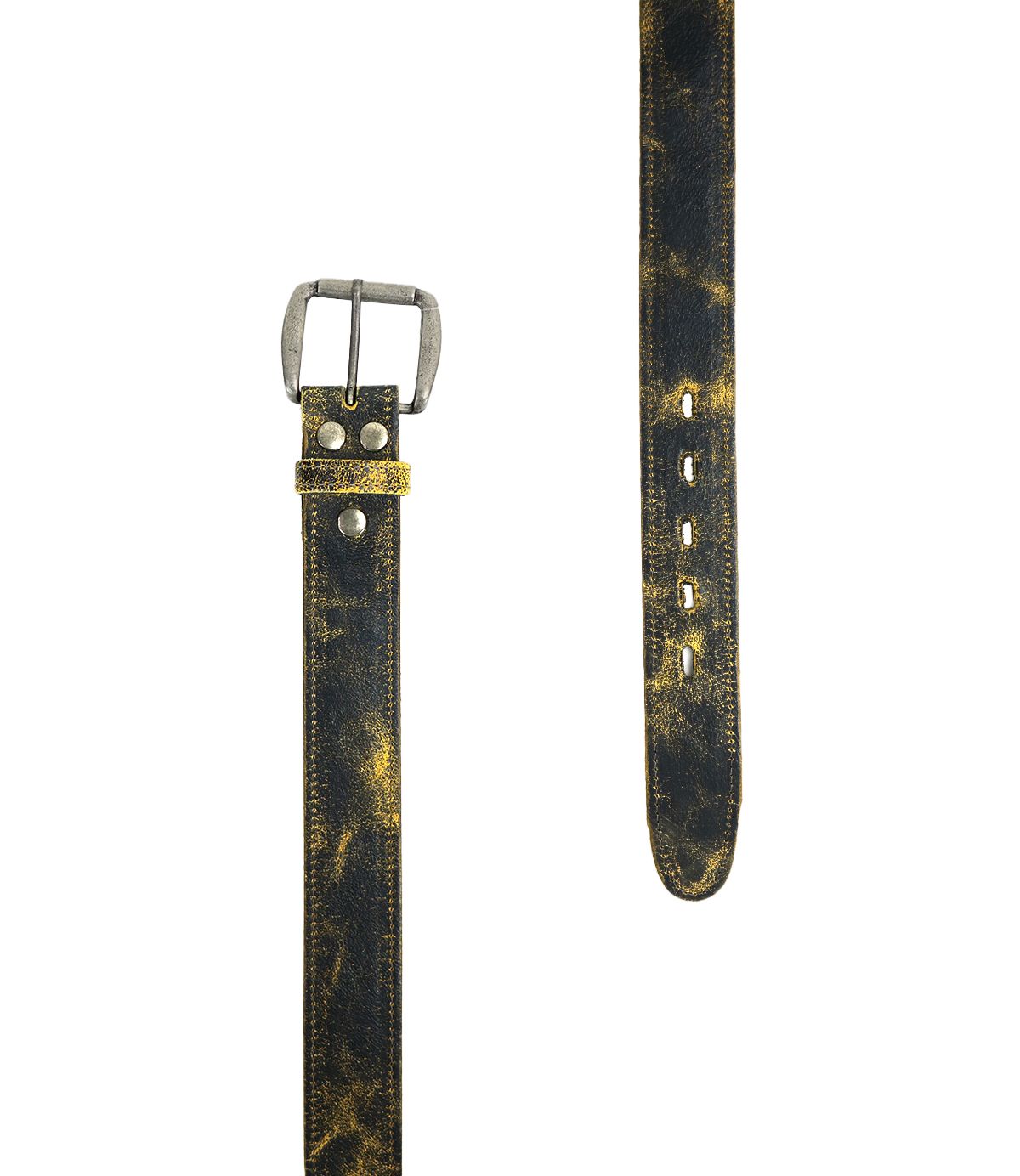 Introducing the Meander belt by Bed|Stü—a black distressed leather belt showcasing an antique metal buckle, vintage-inspired worn yellowish patches, and multiple adjustment holes for a rugged yet timeless look.