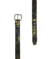 Introducing the Meander belt by Bed|Stü—a black distressed leather belt showcasing an antique metal buckle, vintage-inspired worn yellowish patches, and multiple adjustment holes for a rugged yet timeless look.