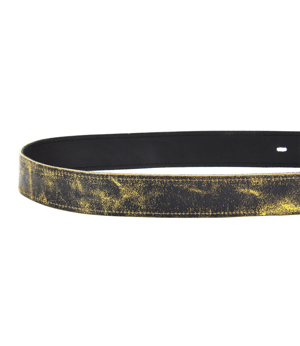 The Bed|Stü Meander belt is crafted from rugged, black distressed leather with a distinctive distressed gold finish, featuring an antique metal buckle and a single visible hole on the right side.