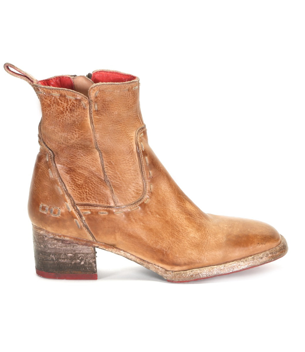 A single Bed|Stü Merryli brown leather ankle boot with a low heel, hand-stitched detailing, visible creases, a red inner lining, and a scuffed sole is shown in profile against a white background.