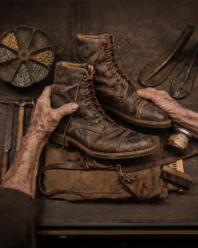 Hands hold a pair of worn brown leather boots on a workbench surrounded by shoe repair tools and supplies.