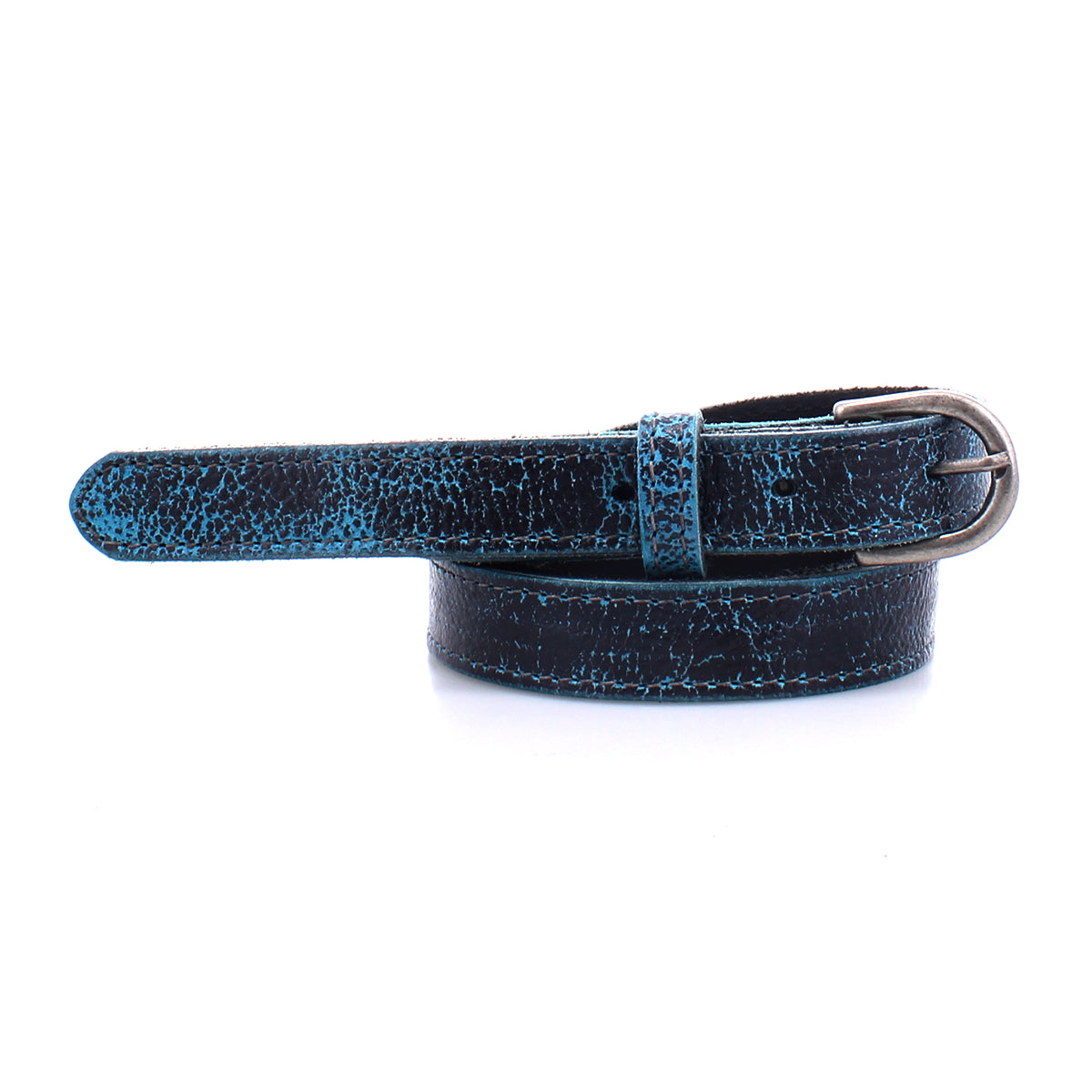 The Monae by Bed|Stü is a blue and black slim leather belt with a textured finish and a classic silver buckle, elegantly coiled on a white background—an ideal addition to your everyday wardrobe.
