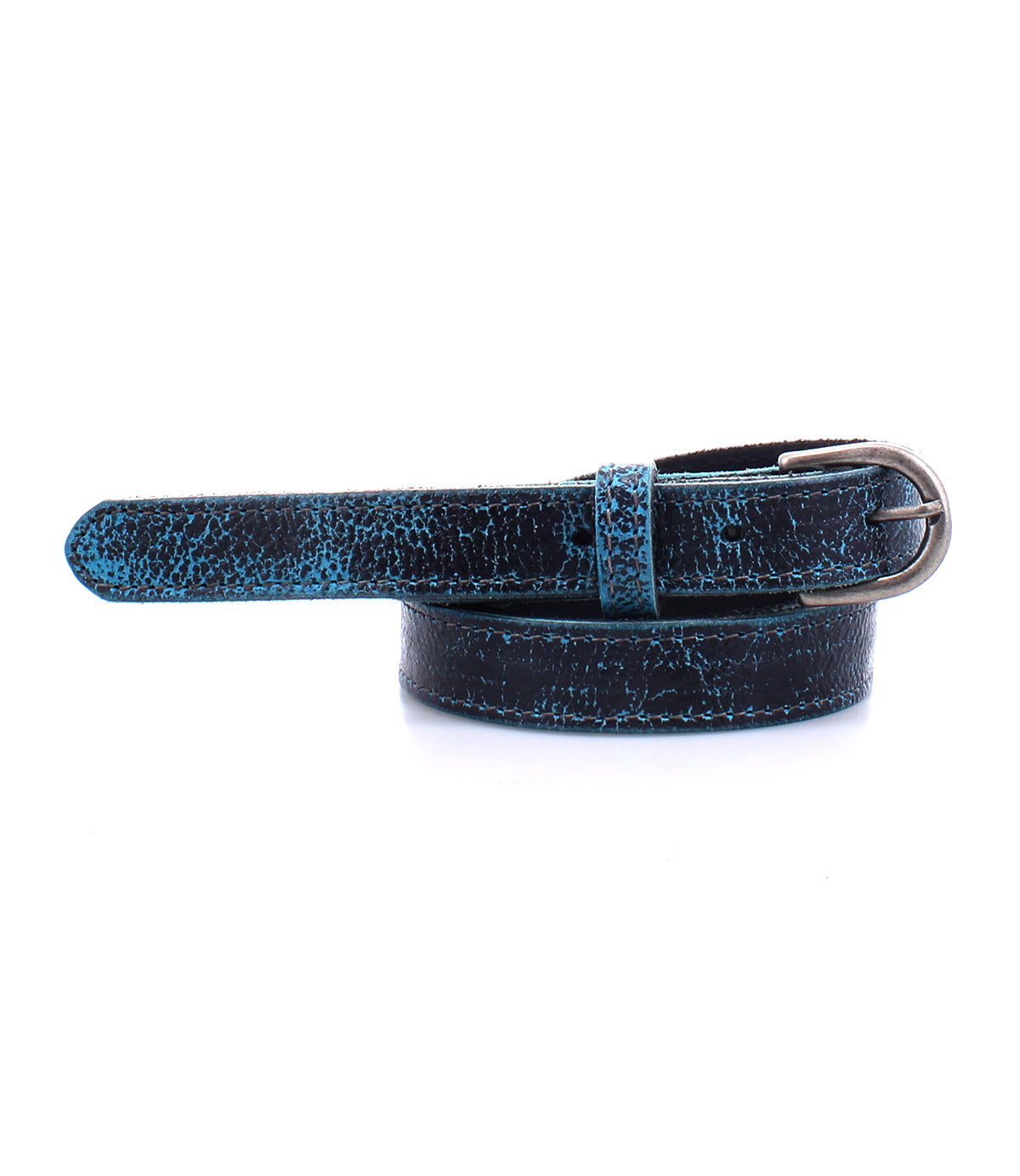 The Monae by Bed|Stü is a blue and black slim leather belt with a textured finish and a classic silver buckle, elegantly coiled on a white background—an ideal addition to your everyday wardrobe.