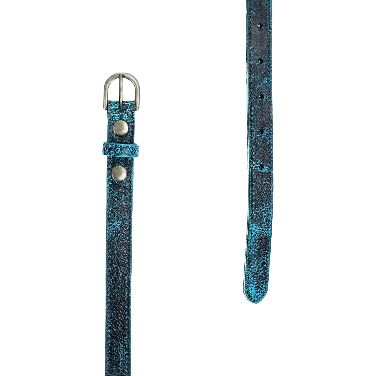 Two views of the Bed|Stü Monae slim leather belt in thin, blue textured material with a timeless silver buckle and metal studs; one shot displays the buckle, while the other showcases the tip with adjustment holes—an effortless addition to any everyday wardrobe.