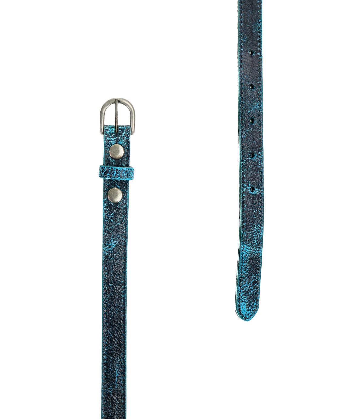 Two views of the Bed|Stü Monae slim leather belt in thin, blue textured material with a timeless silver buckle and metal studs; one shot displays the buckle, while the other showcases the tip with adjustment holes—an effortless addition to any everyday wardrobe.