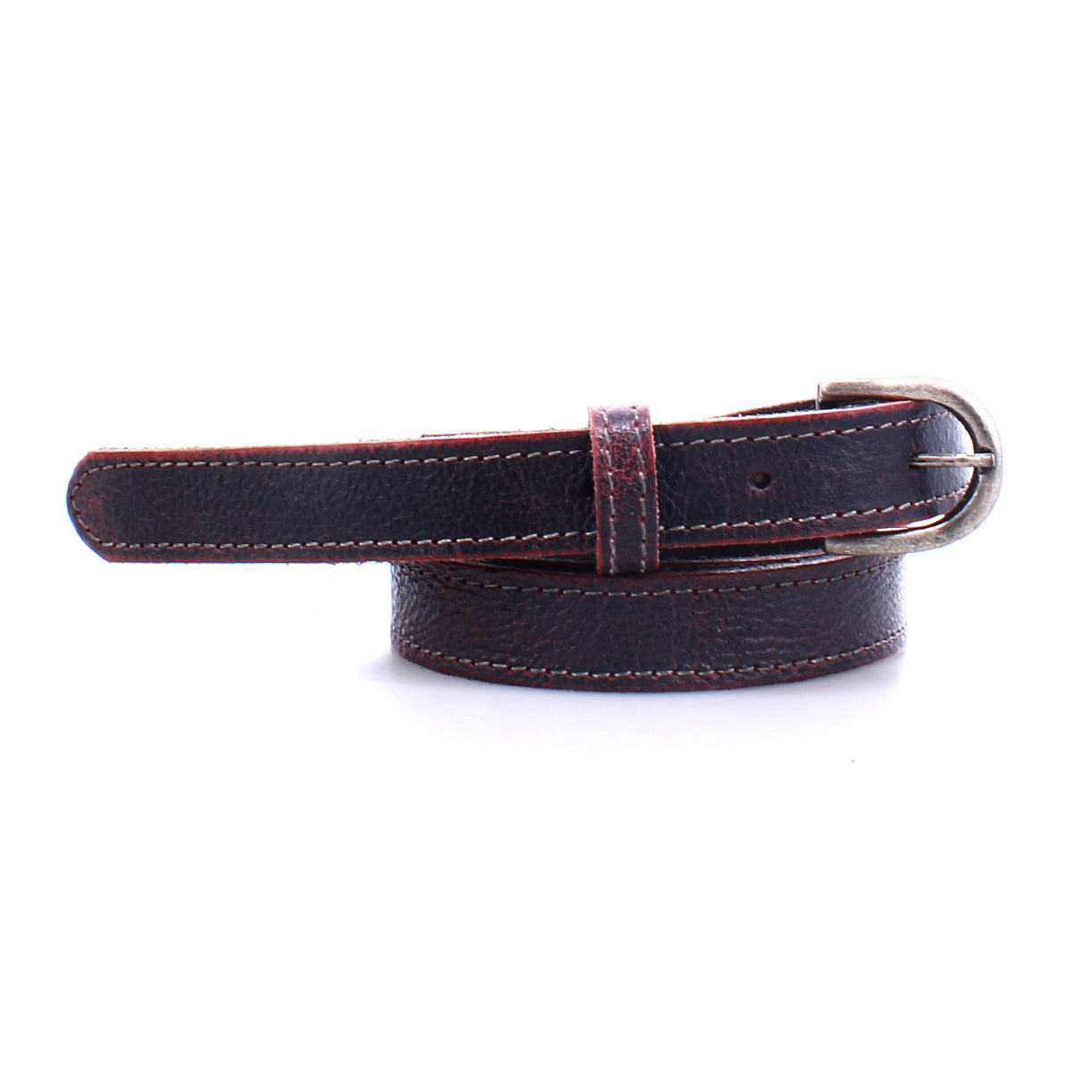 The Monae by Bed|Stü is a coiled slim leather belt in dark brown, featuring visible stitching and a classic buckle—shown on a white background—making it an essential addition to any everyday wardrobe.