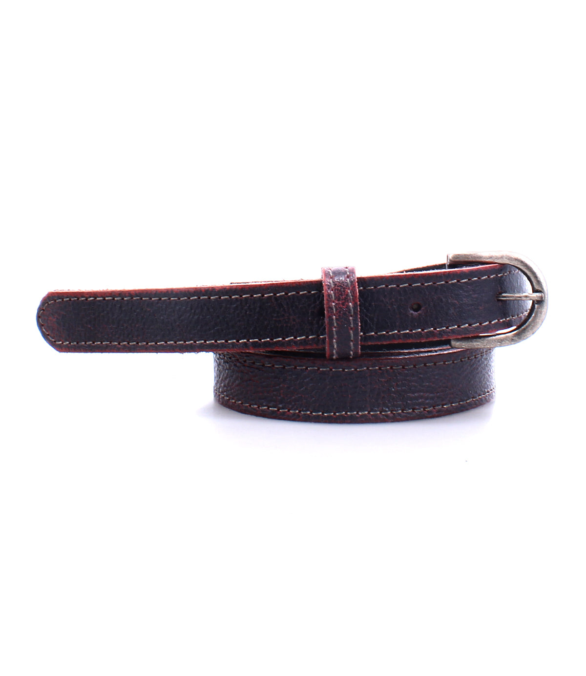 The Monae by Bed|Stü is a coiled slim leather belt in dark brown, featuring visible stitching and a classic buckle—shown on a white background—making it an essential addition to any everyday wardrobe.