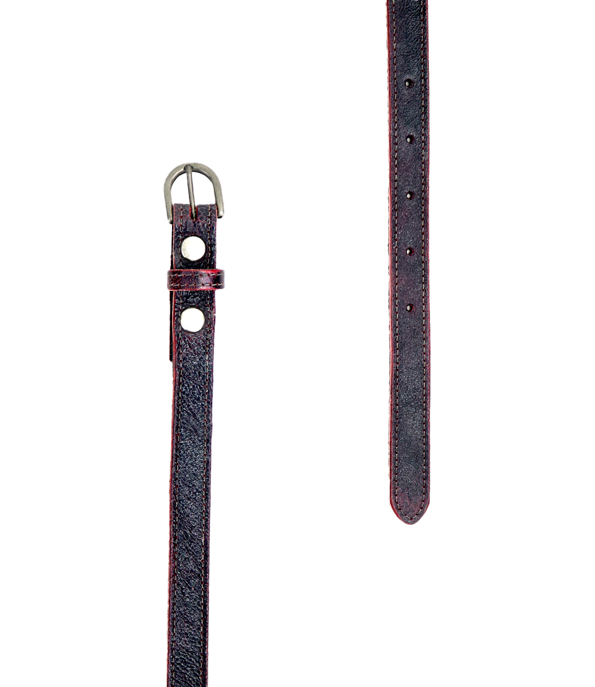 Two dark-colored Monae slim leather belts from Bed|Stü, each detailed with red stitching—one featuring a classic silver buckle and two metal eyelets—are displayed against a white background, making them perfect additions to any everyday wardrobe.