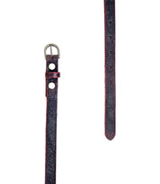 Two dark-colored Monae slim leather belts from Bed|Stü, each detailed with red stitching—one featuring a classic silver buckle and two metal eyelets—are displayed against a white background, making them perfect additions to any everyday wardrobe.
