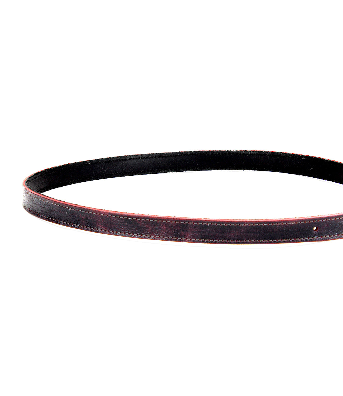 The Monae leather belt by Bed|Stü, featuring red-edged detailing and a classic buckle, is coiled in a partial circle against a white background—making it a stylish staple for any everyday wardrobe.