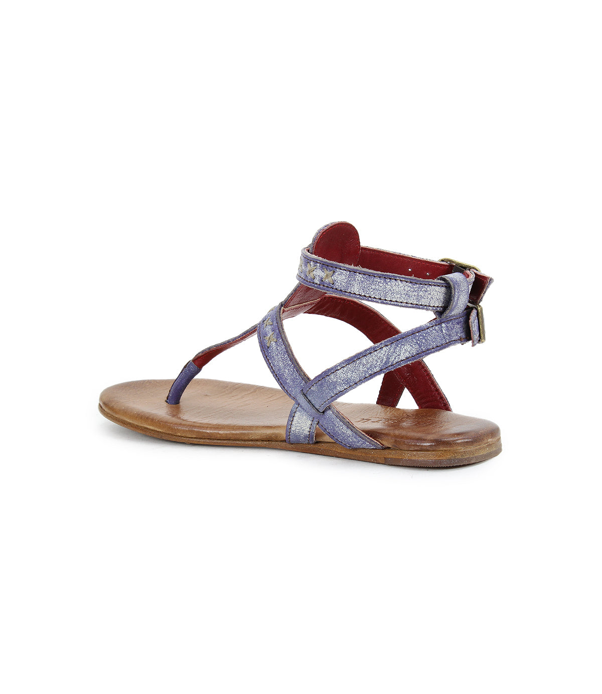 The Bed|Stü "Moon" sandal is a single flat leather sandal featuring purple straps, a brown sole, cushioned insole, red inner lining, an ankle strap with buckle, and an open toe design, shown against a white background.