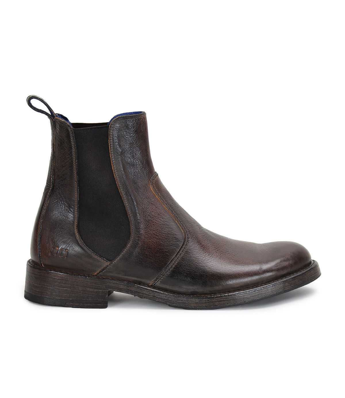A single Nando Chelsea boot by Bed|Stü, crafted from hand-worked brown leather with black elastic side panels, a rear pull tab, and sturdy Goodyear welt construction, shown in a left side profile view.