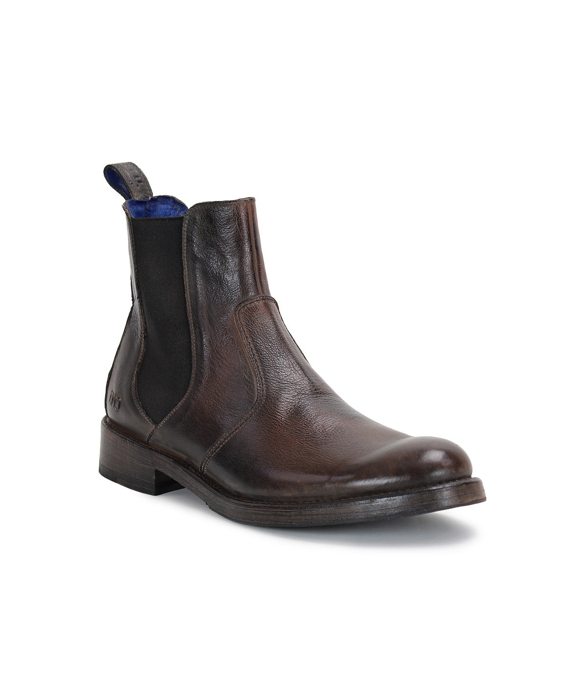 The Nando by Bed|Stü is a brown hand-worked leather Chelsea boot featuring black elastic side panels, a pull tab, and a low stacked heel, shown on a white background.