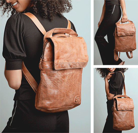 A woman models the Bed|Stü Patsy backpack, crafted from brown vegetable-tanned leather with a textured surface, diamond cutouts, and a distinctive rolled top flap. The bag is shown from the back, side, and front angles.