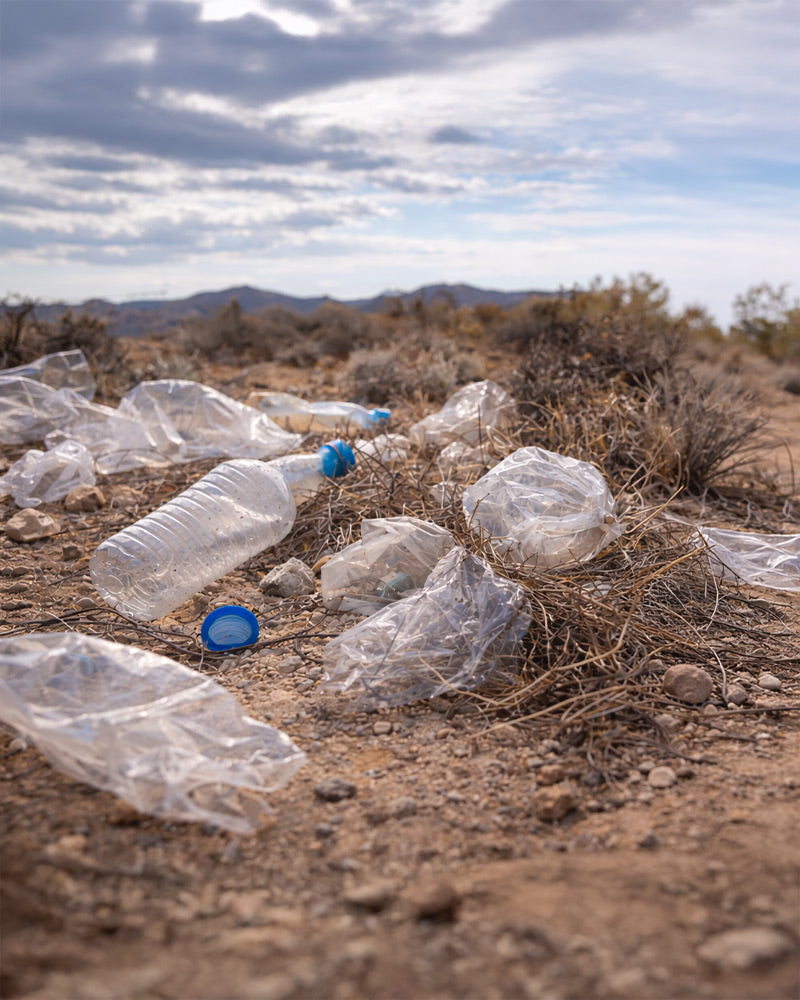 Clear plastic bottles and bags litter a dry desert trail, with shrubs and distant hills in the background.