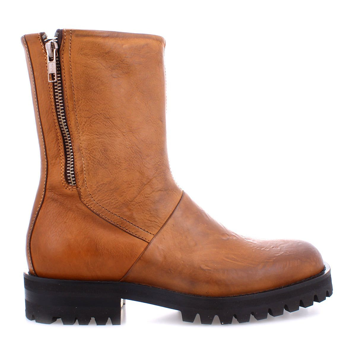 The Ploy ankle boot by Bed|Stü is crafted from brown Italian leather, featuring dual side zippers and a black rubber lug sole, displayed in a left side profile against a white background.