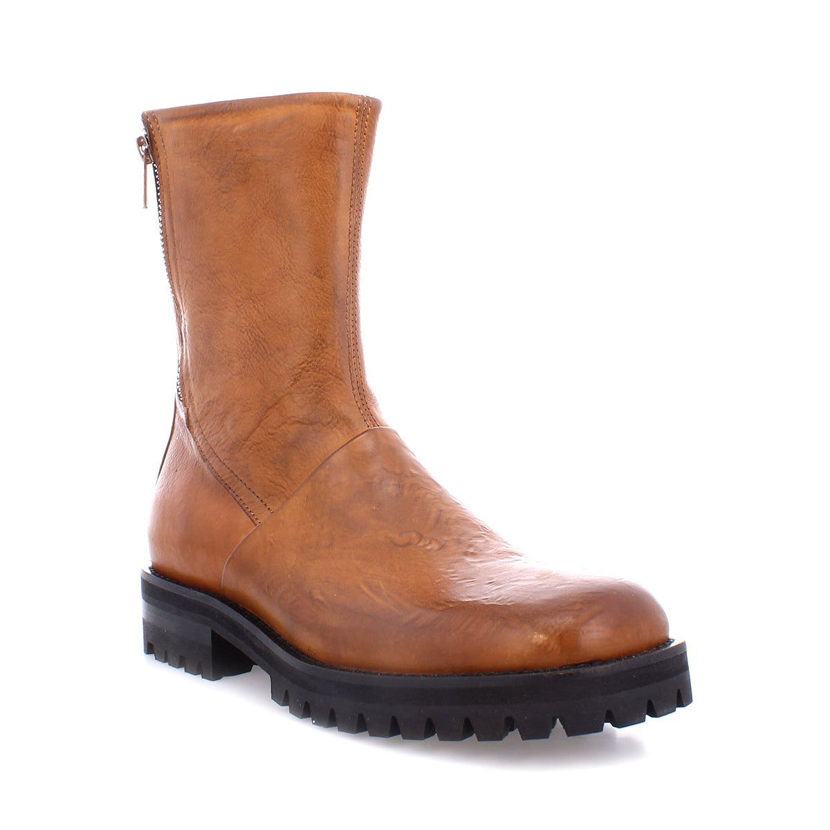 The Ploy ankle boot by Bed|Stü, crafted from brown Italian leather, showcases a stylish square toe, dual side zippers, and a thick black rubber sole, displayed on a white background.