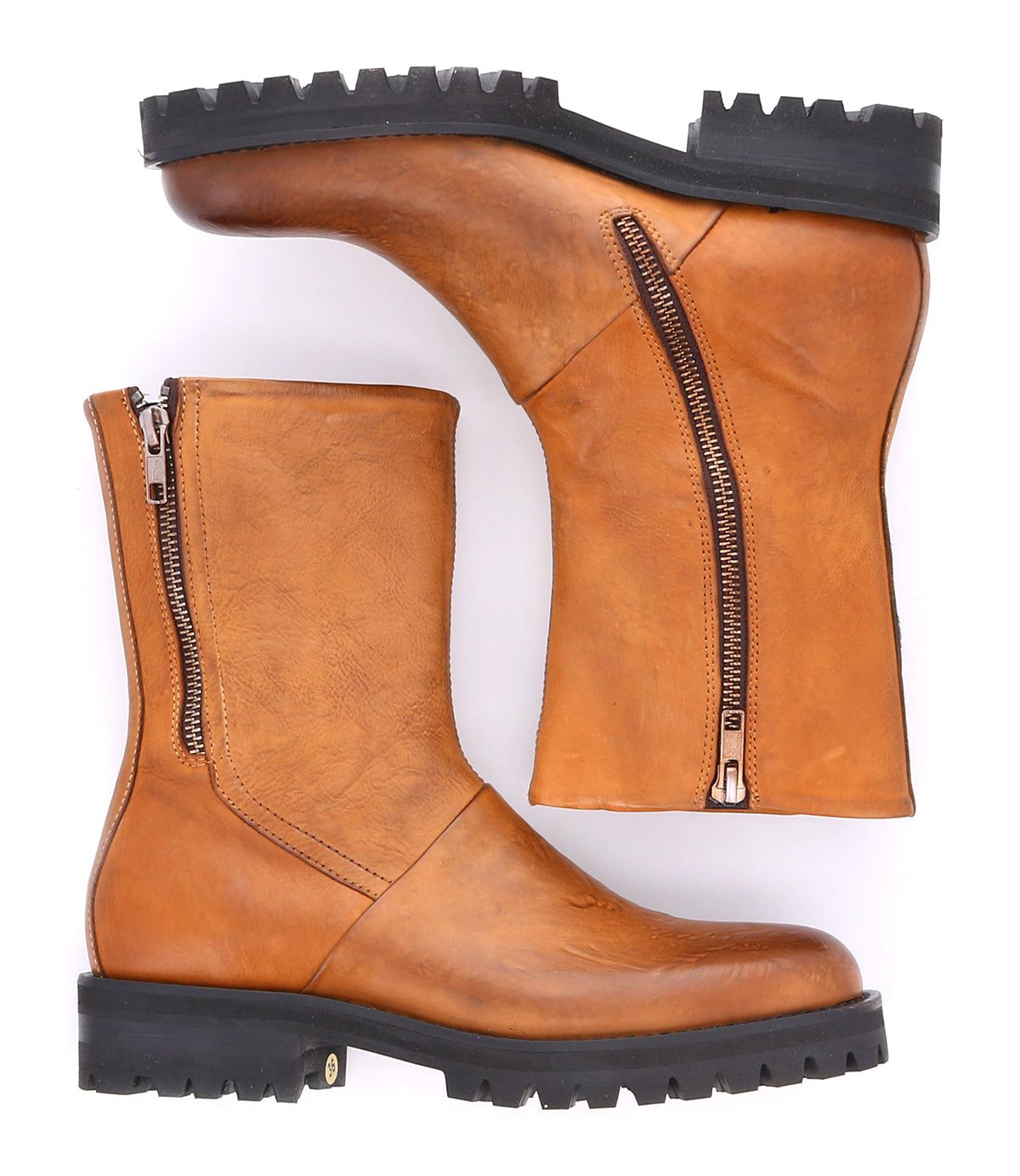 A pair of Bed|Stü Ploy tan Italian leather mid-calf square toe boots with black lug soles and dual side zippers, displayed side by side on a white background.