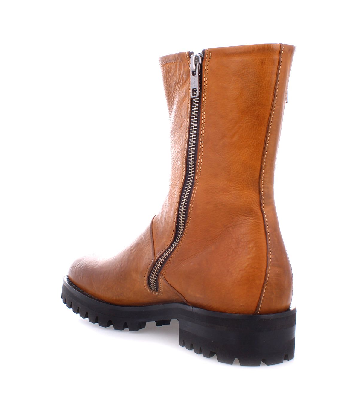 The Bed|Stü Ploy boot in brown Italian leather features dual side zippers and a black lug sole, displayed at an angled back right view against a white background.