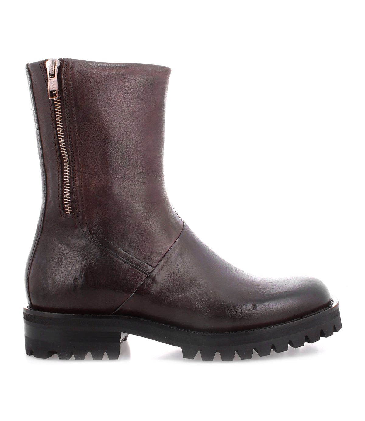 The Bed|Stü "Ploy" is a dark brown Italian leather ankle boot featuring dual side zippers and a chunky black treaded sole, displayed in profile against a white background.