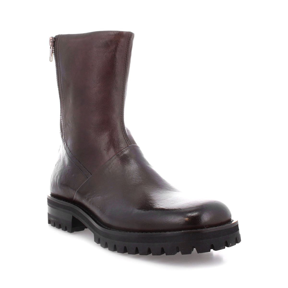 A single Bed|Stü Ploy dark brown Italian leather boot with a thick black treaded sole and a side zipper, displayed on a white background.