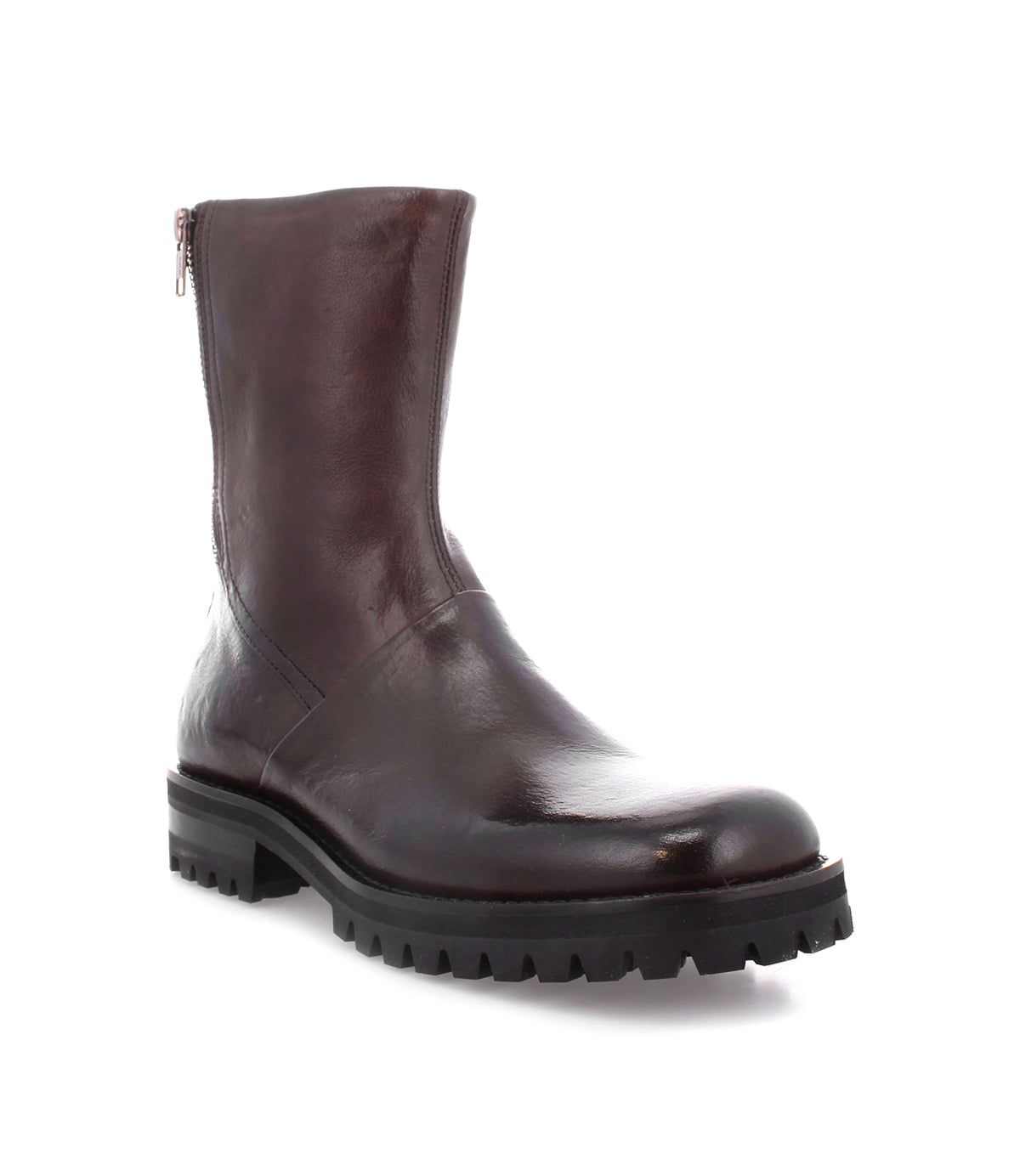 A single Bed|Stü Ploy dark brown Italian leather boot with a thick black treaded sole and a side zipper, displayed on a white background.