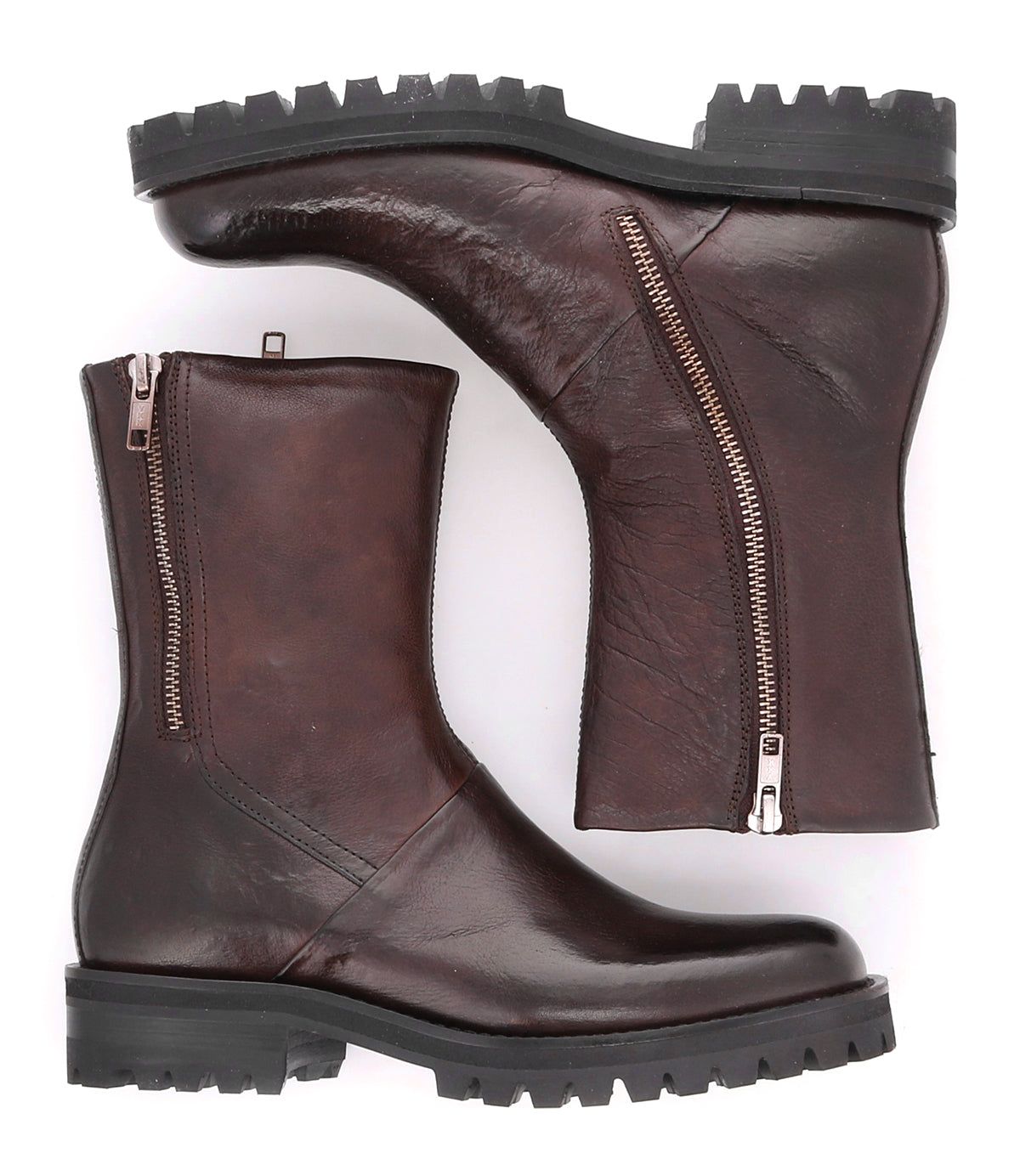 Introducing the Bed|Stü Ploy: a pair of mid-calf, dark brown Italian leather boots with chunky black soles and dual side zippers, featuring a sleek square toe design—shown from both the side and sole views.