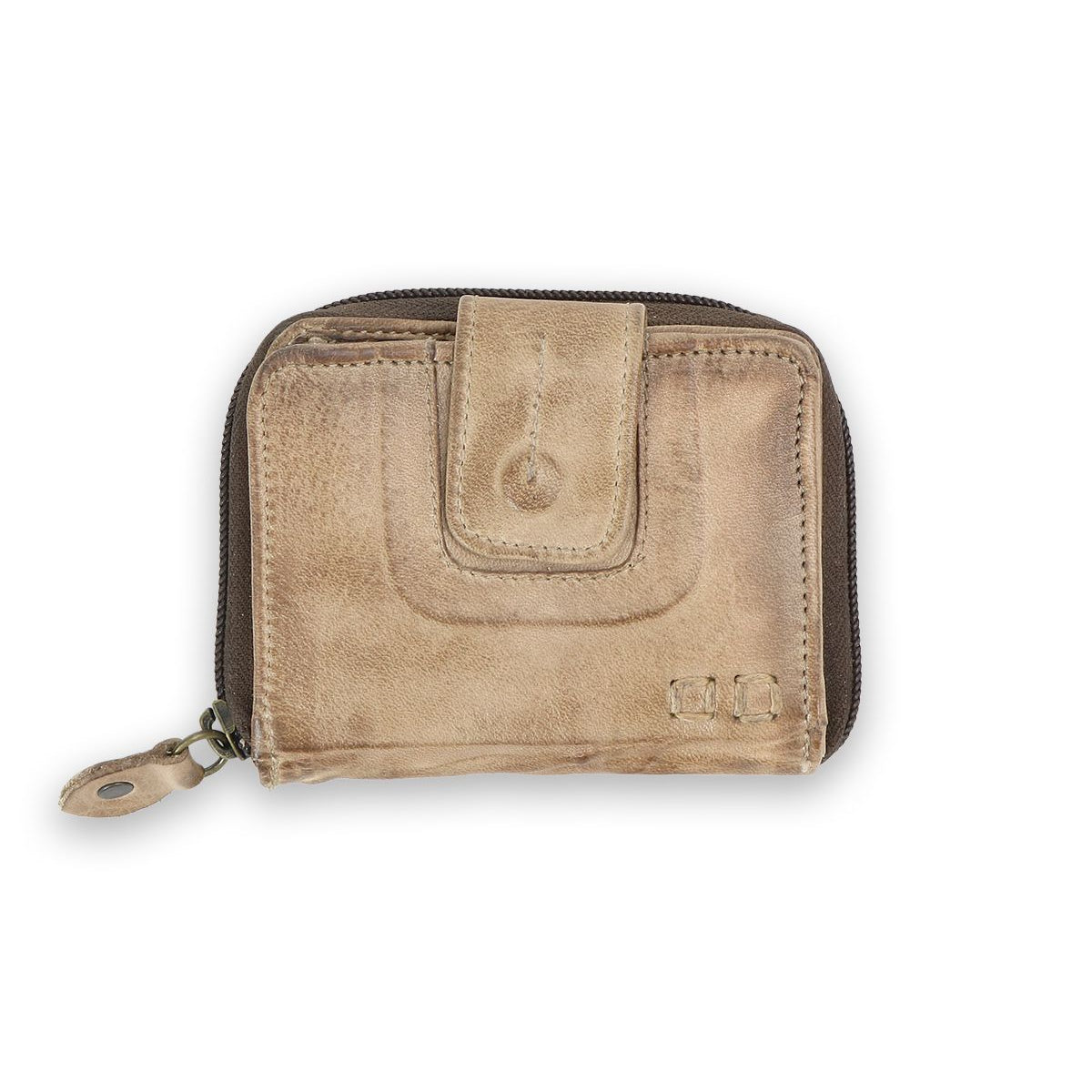The Bed|Stü Plus is a small, light brown compact leather wallet with both zipper and snap-button closures, featuring a zippered coin pocket, shown against a plain white background.