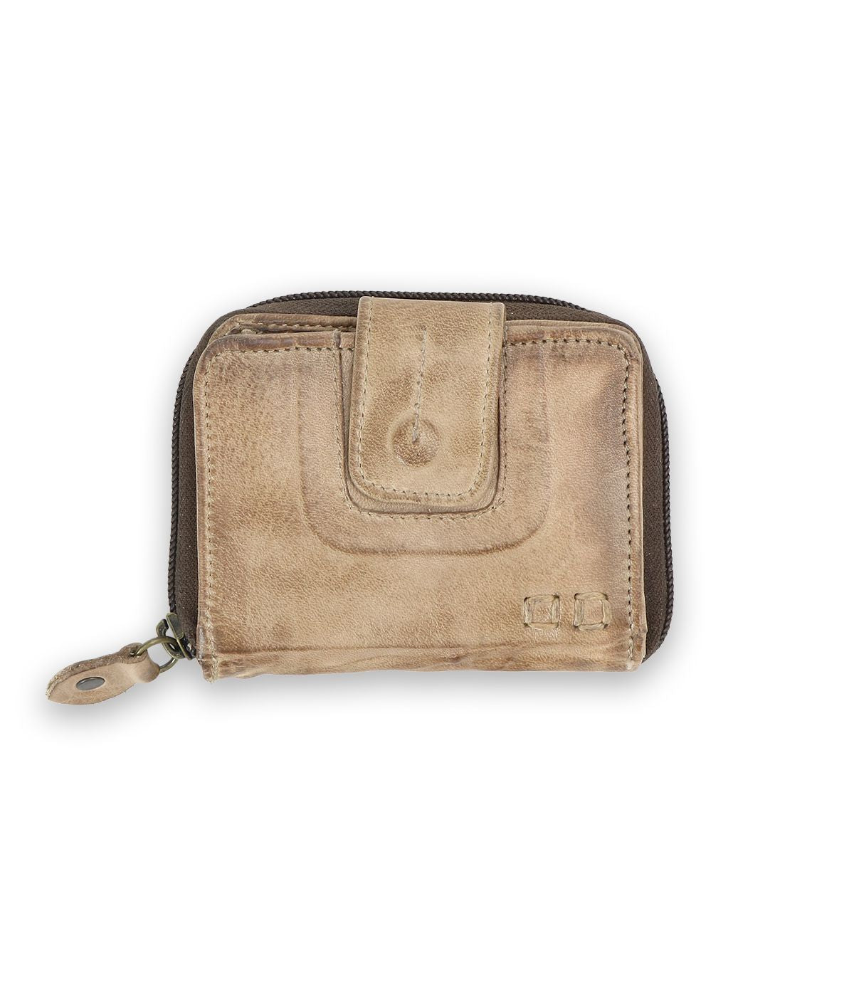 The Bed|Stü Plus is a small, light brown compact leather wallet with both zipper and snap-button closures, featuring a zippered coin pocket, shown against a plain white background.