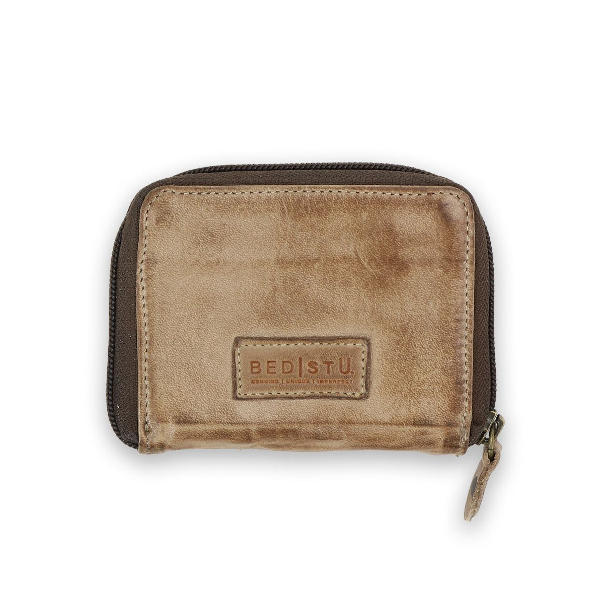 A compact leather wallet with a worn finish, the Bed|Stü Plus small brown bifold features a zippered coin pocket and a distinctive "Bed|Stü" logo patch on the front.