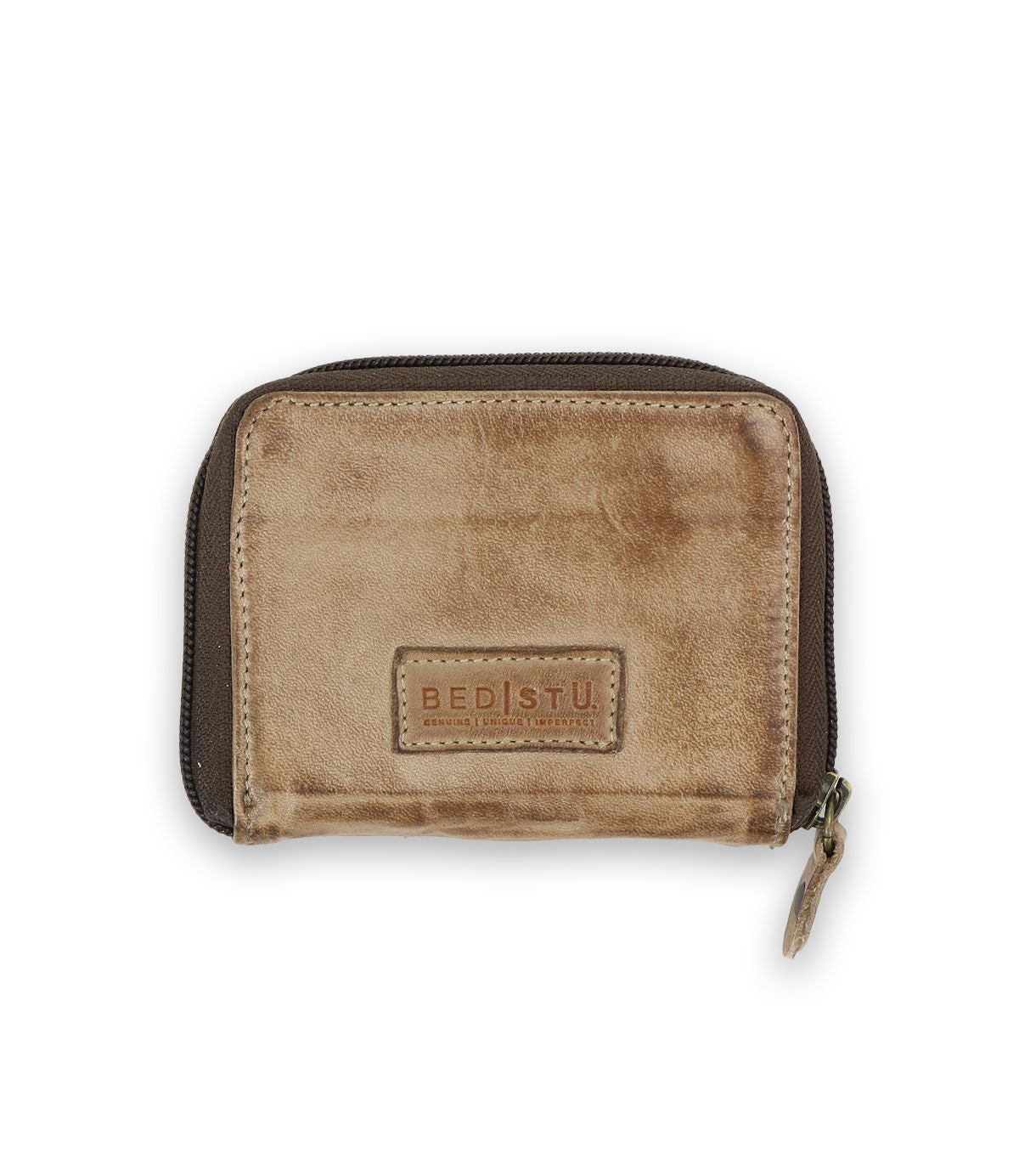 A compact leather wallet with a worn finish, the Bed|Stü Plus small brown bifold features a zippered coin pocket and a distinctive "Bed|Stü" logo patch on the front.