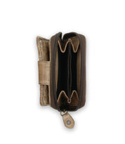 Bed|Stü Plus brown leather bifold wallet with a zipper, shown from above, featuring two main compartments and a side zippered coin pocket.