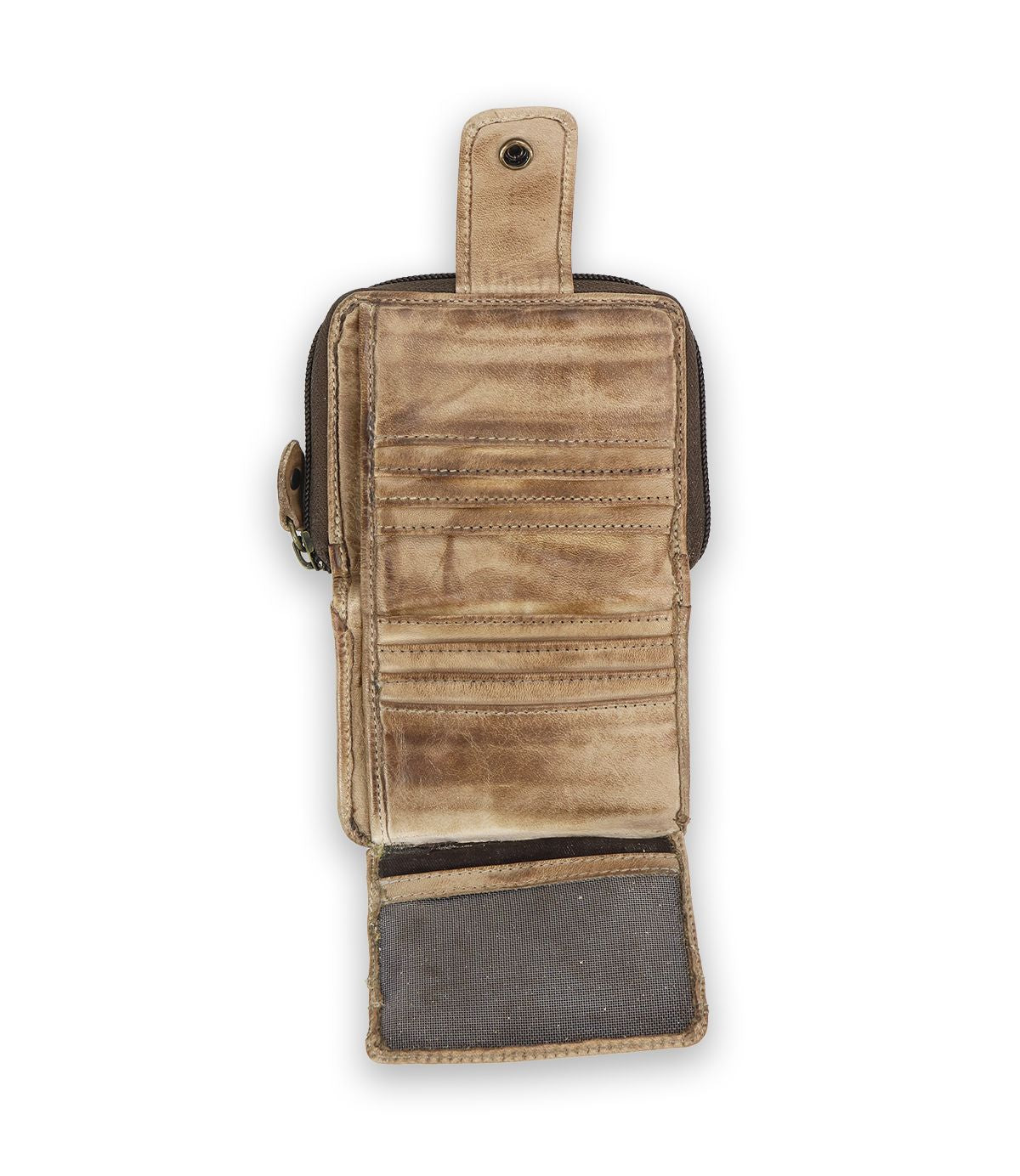 A brown, worn Plus bifold wallet by Bed|Stü with multiple card slots, a snap closure, and a fabric-lined bill compartment, displayed open on a white background.