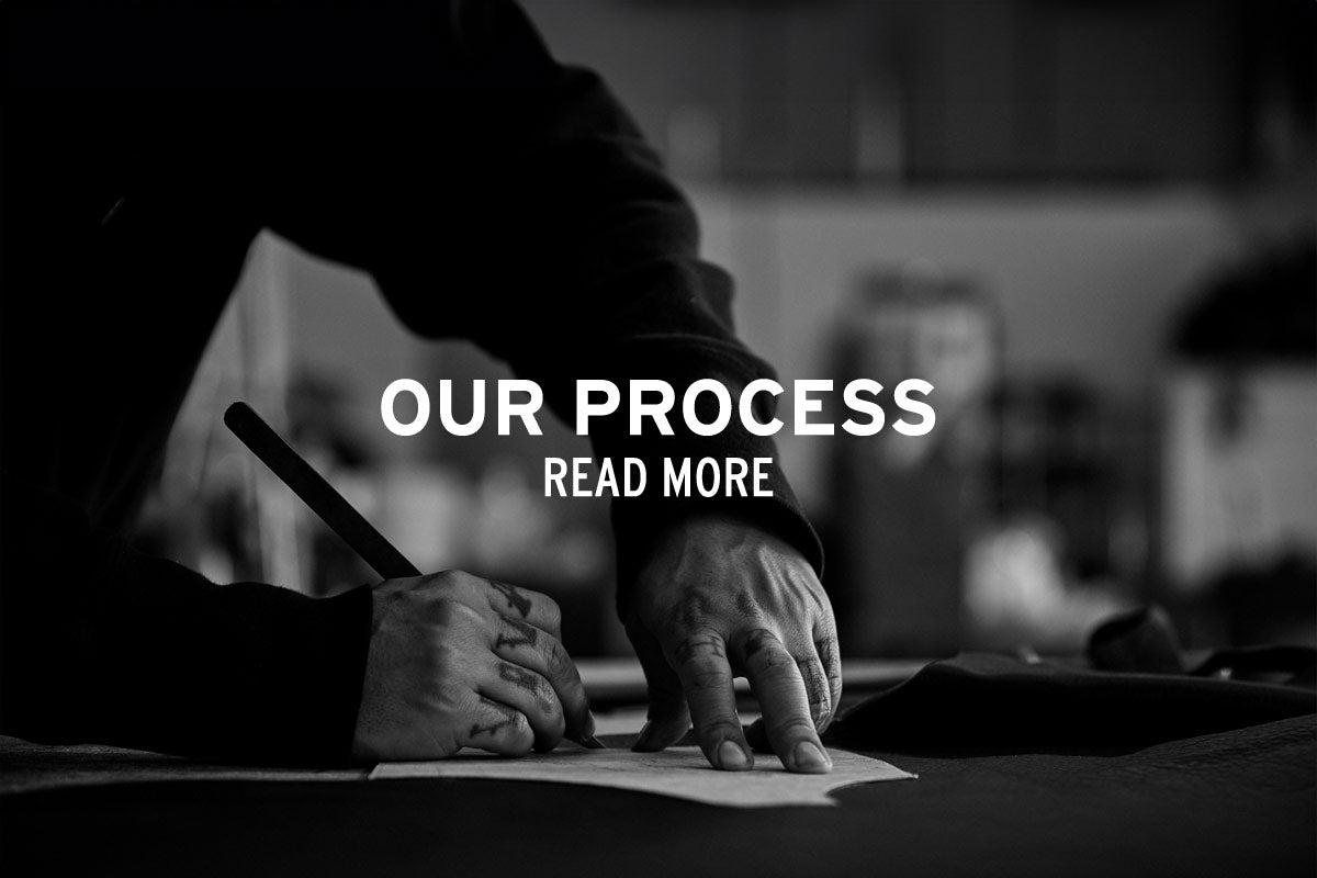 Black-and-white banner showing a person tracing or cutting material by hand, with the text “Our Process” and “Read More.”