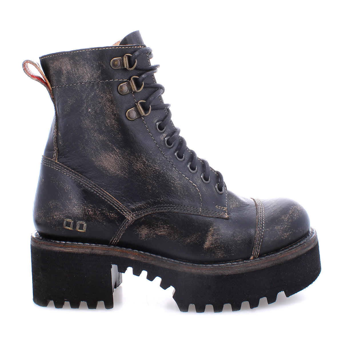 The Bed|Stü Prudence Hi is a single black leather combat boot featuring a chunky treaded sole and a distressed, worn finish, shown in side profile—ideal for those looking for edgy boots with rugged character.